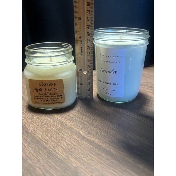 Claras Candle Co Soy Candles Lavender 16 oz & Apple Harvest 8 oz Handmade USA - Picture 5 of 6